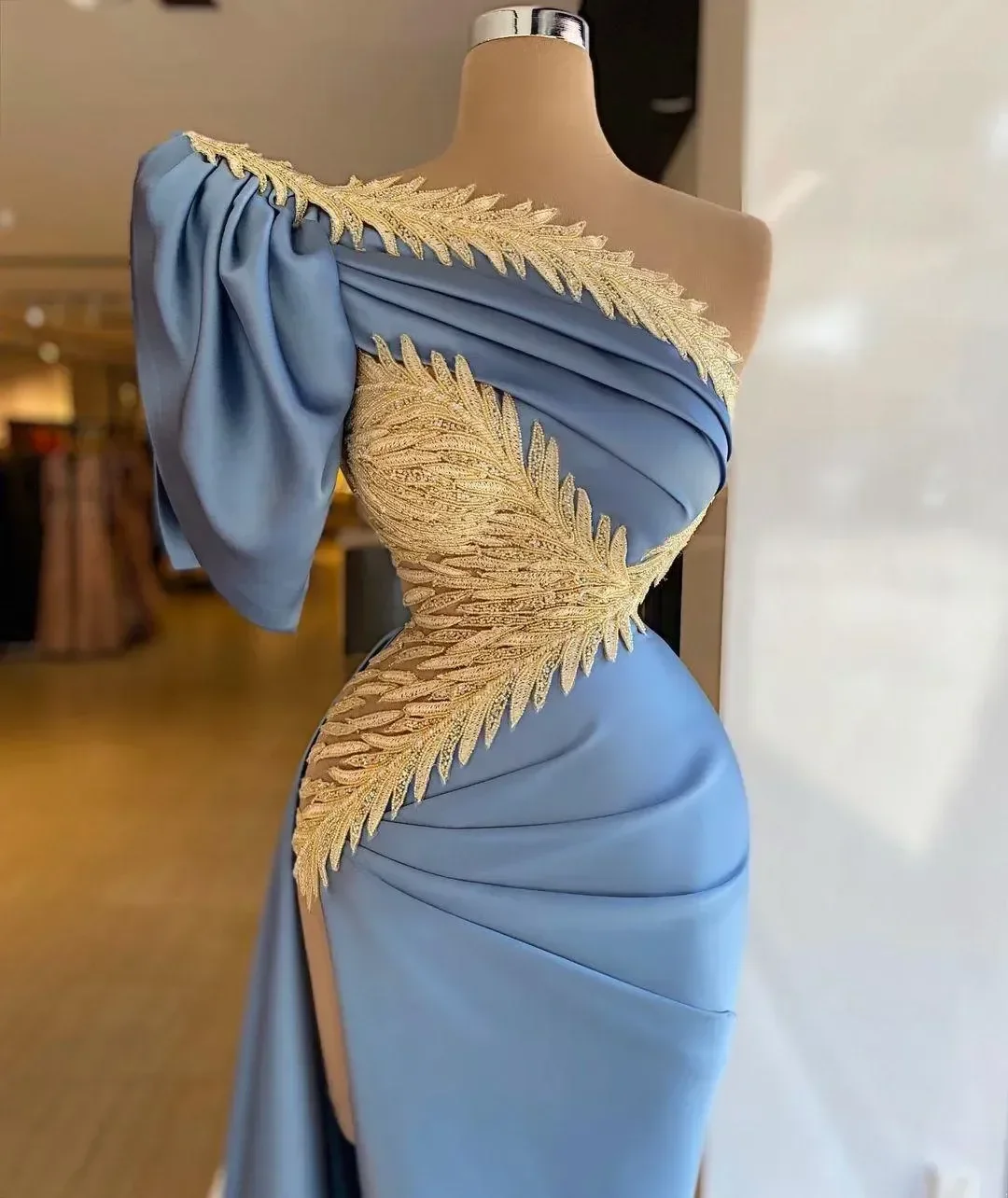 New Evening Dresses Gold Applique Puff Sleeve Mermaid Prom Gowns Slim Side Split Red Carpet Fashion Party Dress فستان العيد 2024