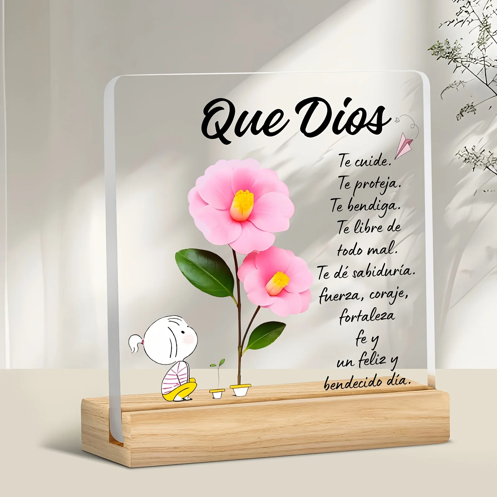 لوحة صلاة دينية إسبانية "Que Dios..." طباعة مسطحة ثنائية الأبعاد، زخرفة ملهمة وديكور رف الكتب، تركيب أرضي