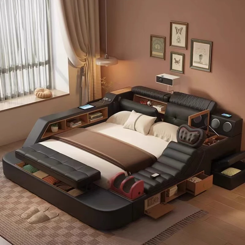 

Leather bed master bedroom, high-end atmosphere black modern minimalist multi-functional massage meter double bed, projector bed