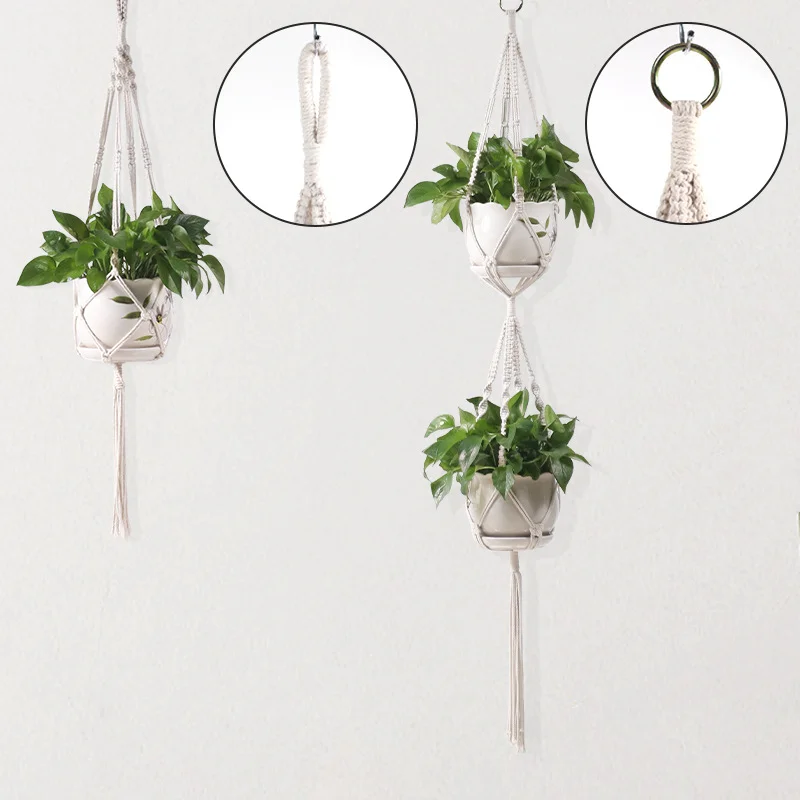 Cesta colgante de macramé hecha a mano para plantas, soporte para macetas de jardín, decoración colgante de pared de macramé, cuerda de elevación