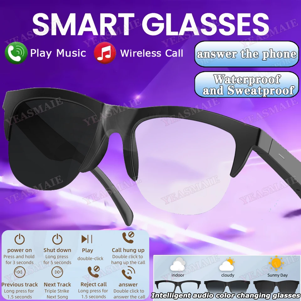

2026 Photosensitive Color Change Smart Glasses Bluetooth Voice Calls Control Music UV Polarized Sunglasses Headphone Men Glasses