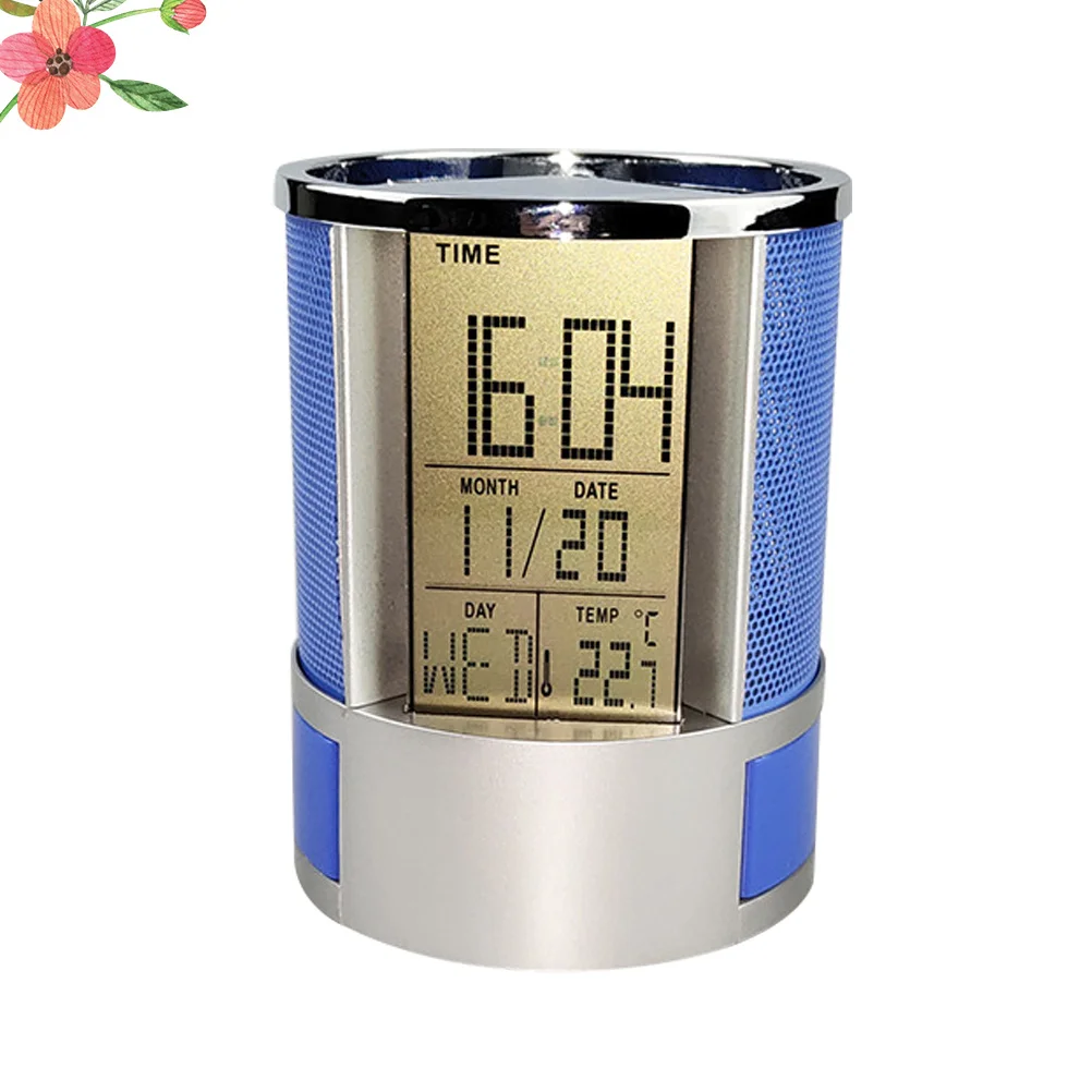 Metal Plastic Multifunction Pen Holder Clock Time Date Display Perpetual Calendar Desk Organizer Pen Container with Drawers