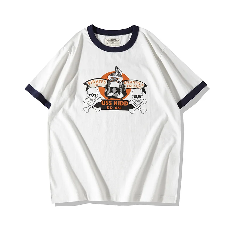 OKONKWO Heavy Thick Japanese Retro Samurai Print T-shirt 210g Unisex Colorblocked Threaded Short-sleeved TEE