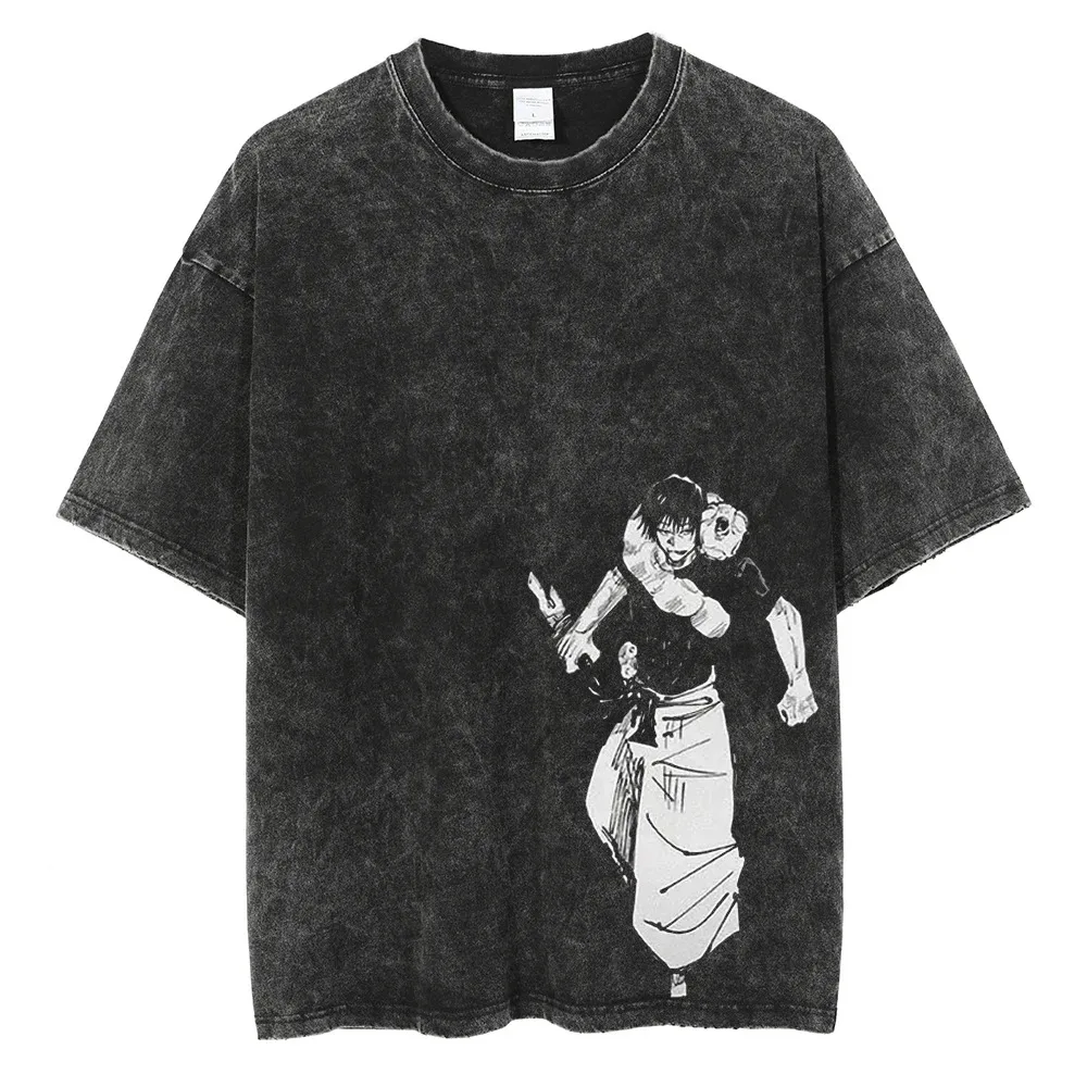 Men Streetwear Black Washed T-Shirt Anime Print T Shirt Harajuku Cotton Tshirt Men Fashion Summer Short Sleeve Tees Hip Hop