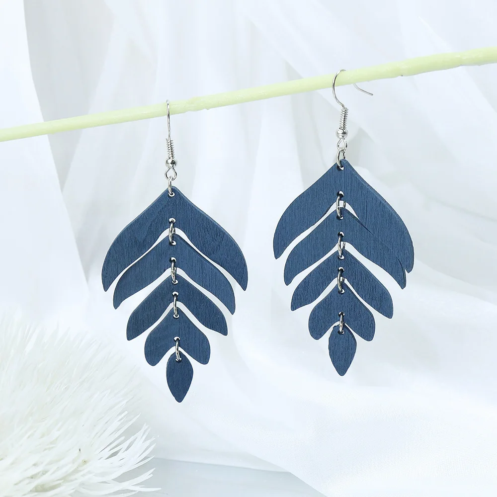 Ethnic Vintage Long Wooden Leaf Dangle Earrings for Women Boho Colorful Splicing Statement Hook Earrings Pendientes Mujer Gift