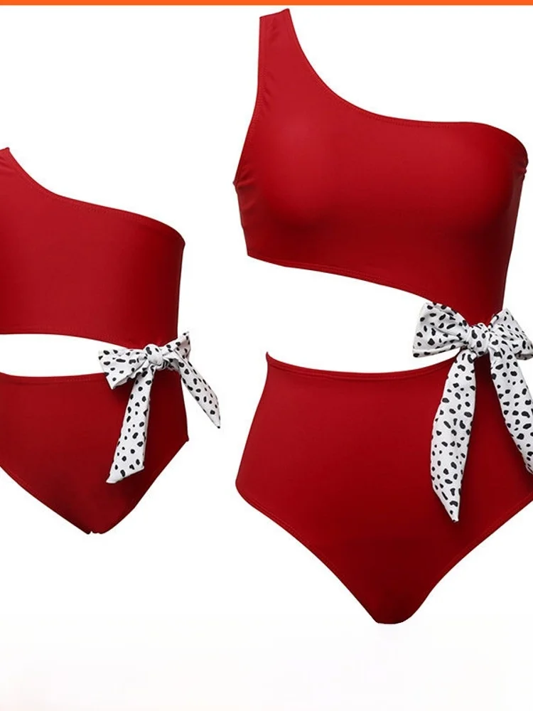 

Mother Daughter Matching Swimsuit Shoulder Baring Bikini Style Swimming Suit Casual Surfwear Polyester Material