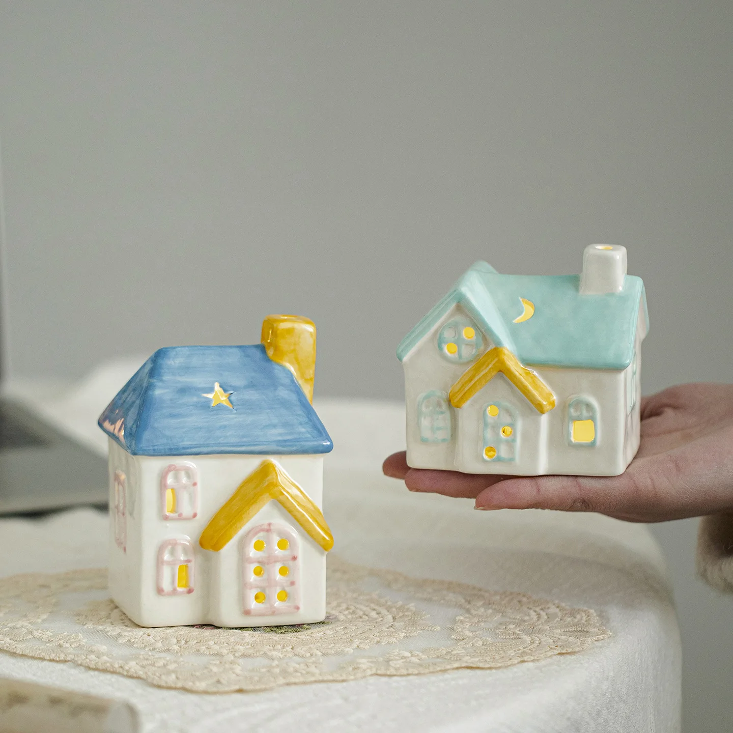 Nordic Ceramic Christmas House with LED Light, Creative Hollow-Out Village Ornament, Glowing Snowy Cottage Tabletop Decor