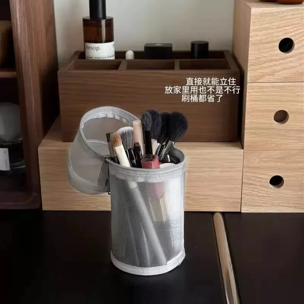 Mesh Round Cosmetic Storage Transparent Bag Large Capacity Makeup Brush Organizer Pouch Travel Cosmetics Case for Brushes Tools