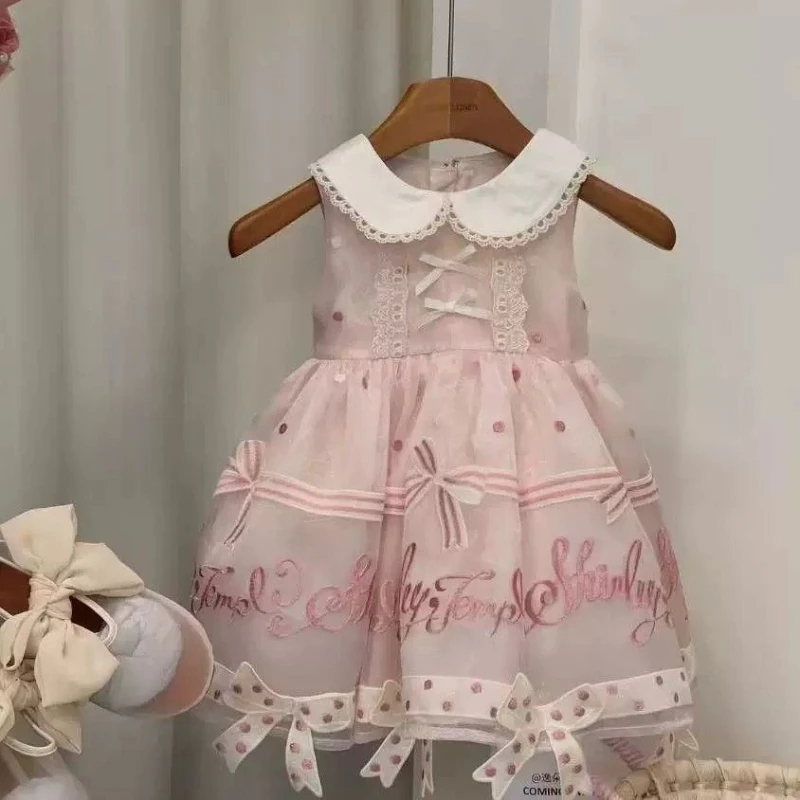 2026 Children Girls Pink Lolita Princess Summer Tutu Holiday Birthday Party CostumeNew Sleeveless Dress Kids Embroidery Tulle