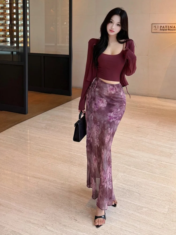 Elegant Versatile Long Sleeve Knitted Open Cardigan Strap Vest Retro Print Satin  Skirt Set Women's Fashion Summer Outfit