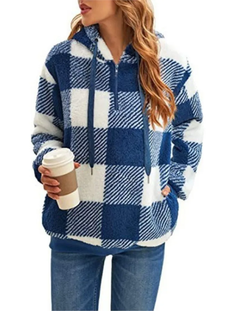 Female Loose Plush Pullover Autumn Fashion Hooded Hood Pocket Lace-up Sweatshirt Lady Winter Casual Checkered Pattern Streetwear