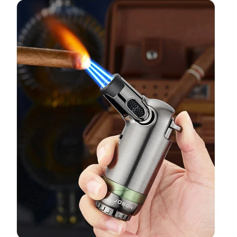 JOBON Three Blue Flame Cigar Lighter Large Gear Flame Adjustment Visible Window One Button Flame Lock Design Cigar