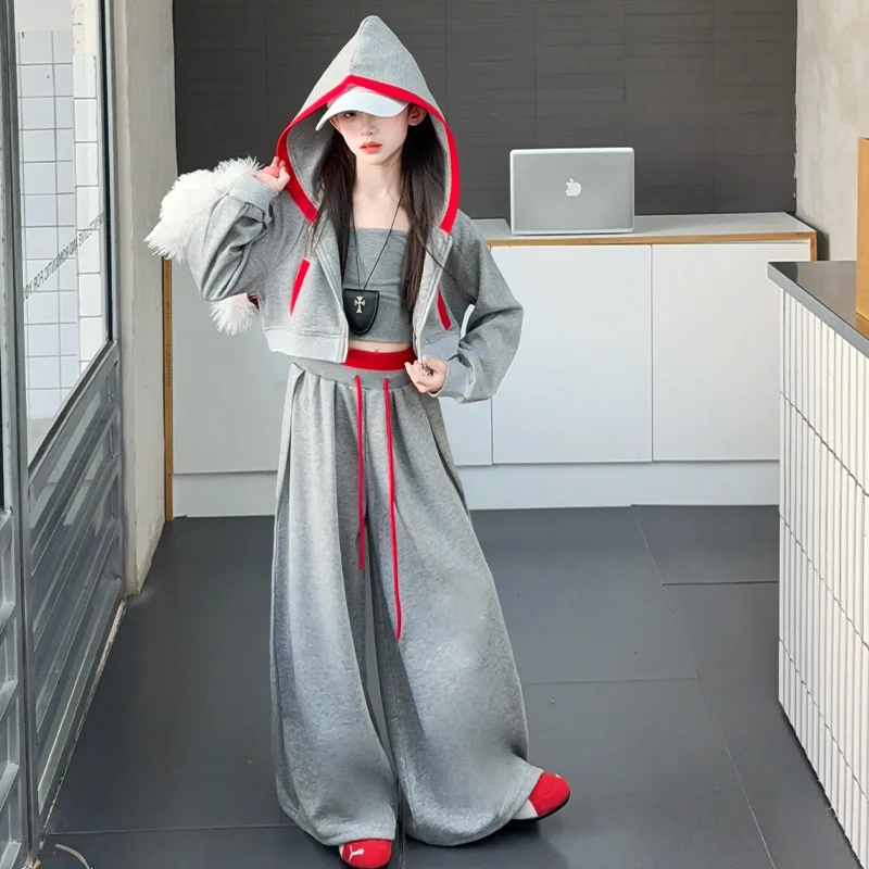 

Весенне-осенний комплект детской одежды для девочек, короткая куртка с капюшоном и брюками с высокой талией, повседневная одежда из 2 предметов, детские костюмы для подростков