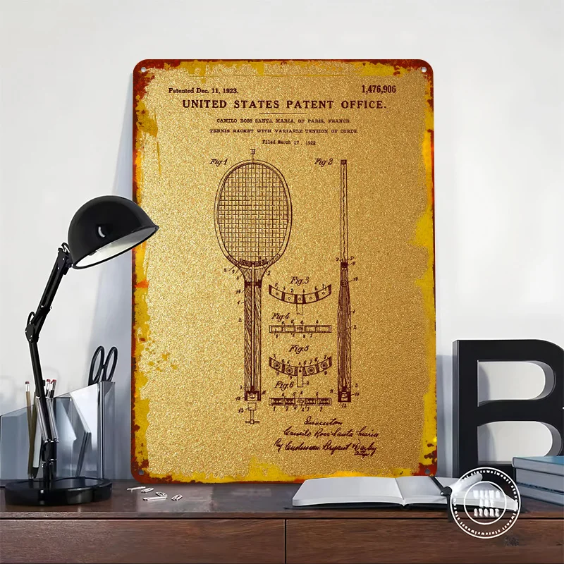 14 Tennis Racket Patent Printed Poster Customized Retro Wall Art Vintage Metal Tin Signs for Home Living Room Decorations Decor