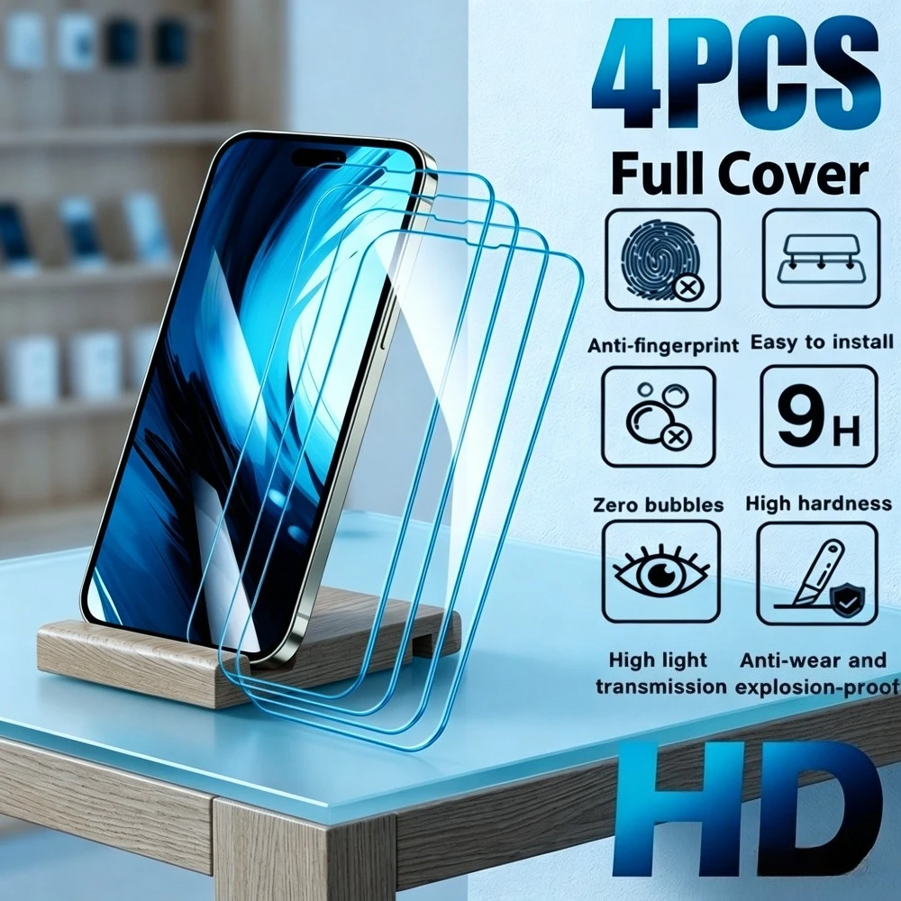 

Комплект из 4 ультрапрозрачных защитных стекол для iPhone 17, 16, 15, 14, 13 Pro Max, Air 17e, 16e, 15 Plus, 12, 11 Pro – Защита от царапин, закаленное стекло