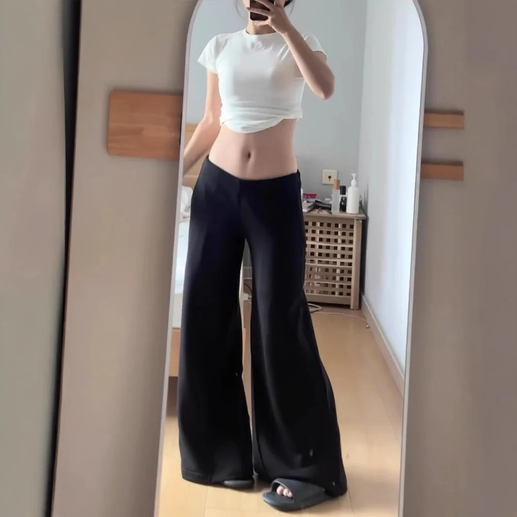 أسود منخفض الارتفاع واسعة الساق بنطلون المرأة الخريف والشتاء الصوف سميكة Sweatpants سليم سليم ثنى الطابق طول السراويل الطويلة