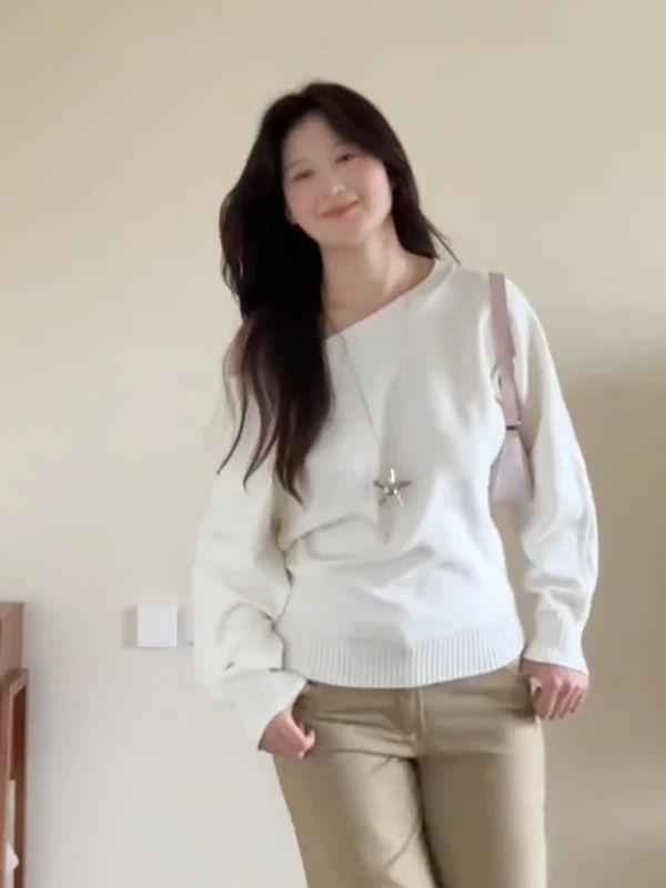 الخريف الشتاء كسول Sle لون نقي لينة فضفاضة ملابس داخلية سترة صغيرة الحجم المرأة لطيف رغبة نقية واحدة oulder أعلى #3