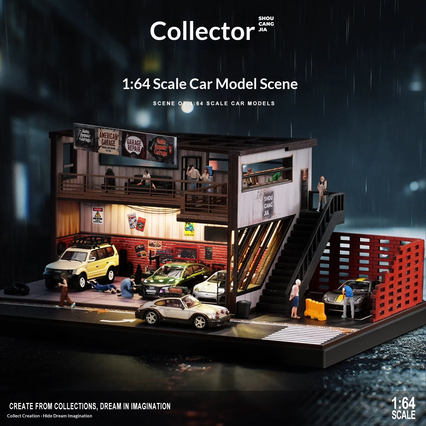 Collector 1:64 Scale American Auto Repair Shop & Two-Story Garage Diorama with LED Lights – Realistic Workshop Car Model Storage