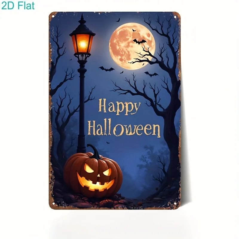 Metal Iron Sign, Happy Halloween Spooky Pumpkin Full Moon Bat Scene Decor for Haunted House Bar for Man Cave Party, 20*30cm/