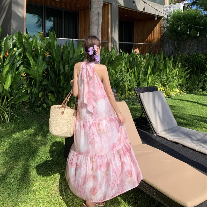 O-Neck Elegant Women Summer Loose Dress Vacation Pink Floral Fairy Lolita Dresses Popular Bow Long Grunge Sleeveless Robe 2024