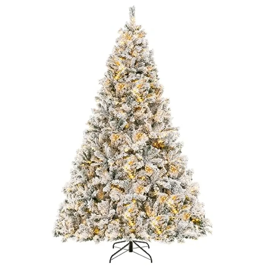 

3-Minute-Setup Pre-Lit Snow Flocked Christmas Tree, 8Feet Artificial Hinged Xmas Tree with 600 Warm-White LED Lights, 1370 Bran