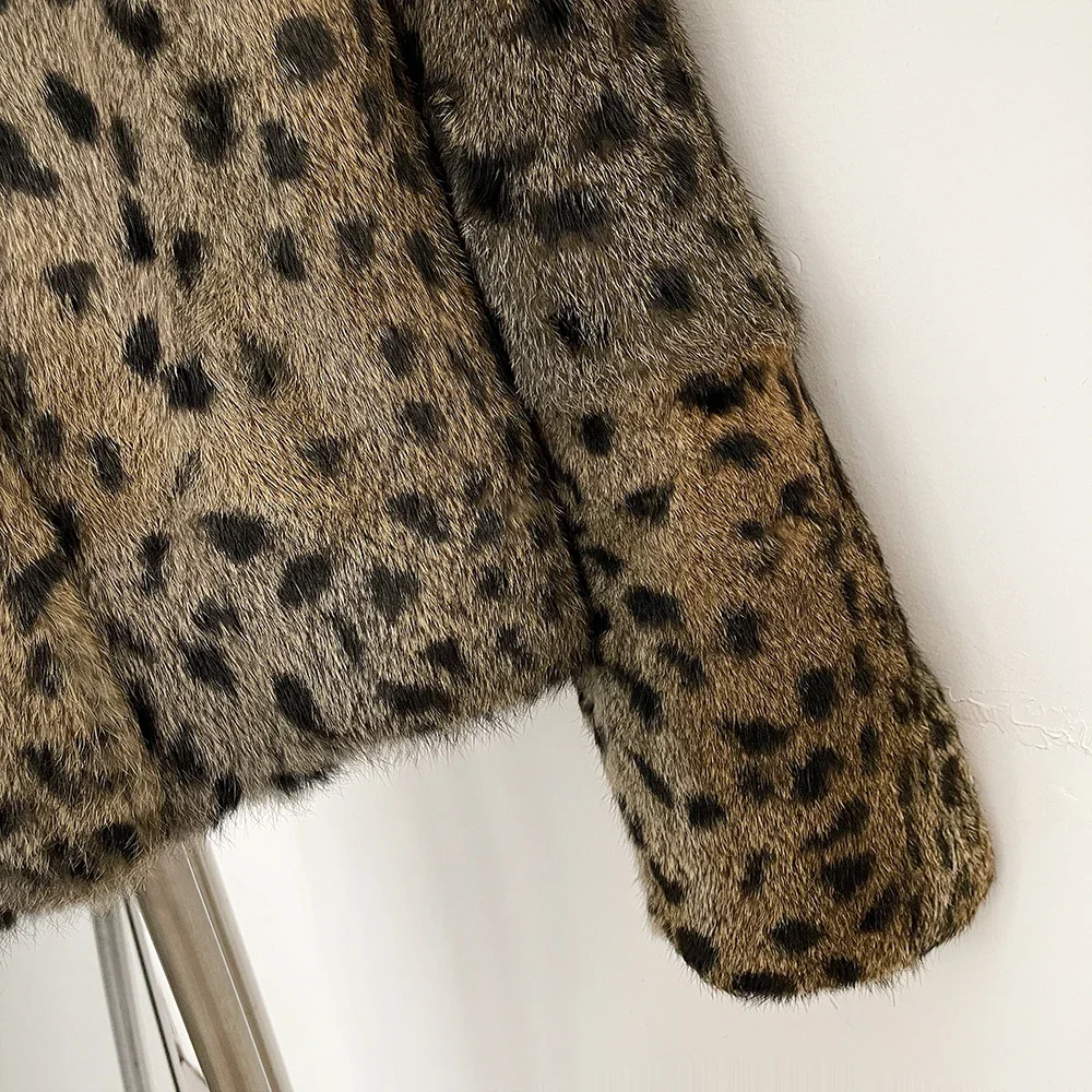 OFTBUY Peter Pan Collar Short Winter Natural Rabbit Fur Jacket Women Leopard Print Real Rabbit Fur Coat New Clothes Warm Female