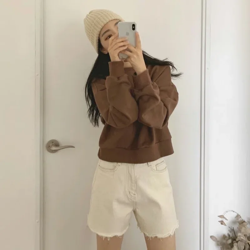 Sweatshirts Women Cropped Student Solid College Ins Trendy Basic Hot Sale Autumn Simple All-match Mujer Long Sleeve New Clothing