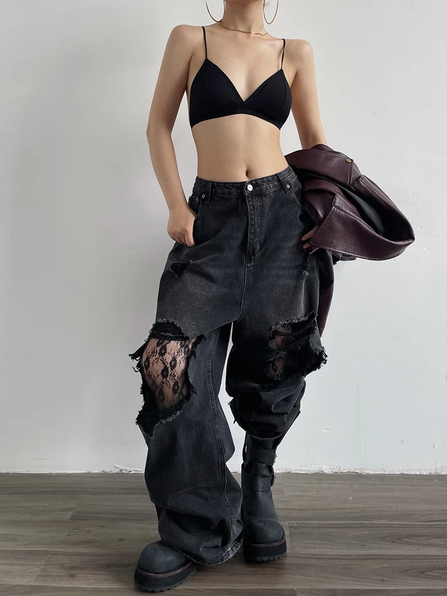 

AcupStudio American Retro Design Low Waist Lace Patchwork Hole Denim Pants Casual Pure Color Loose Fit Ladies Jeans