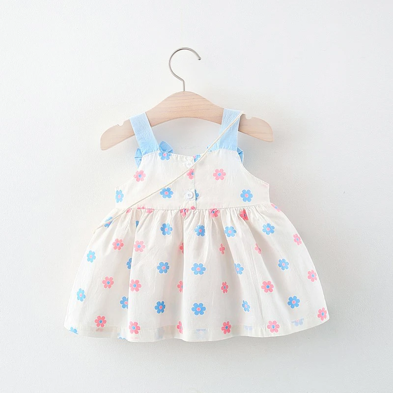 Summer New Blue Bow Baby Girl Dress, Small Floral Children\'S Clothing With Free Bag (9 Months -3 Years Old)