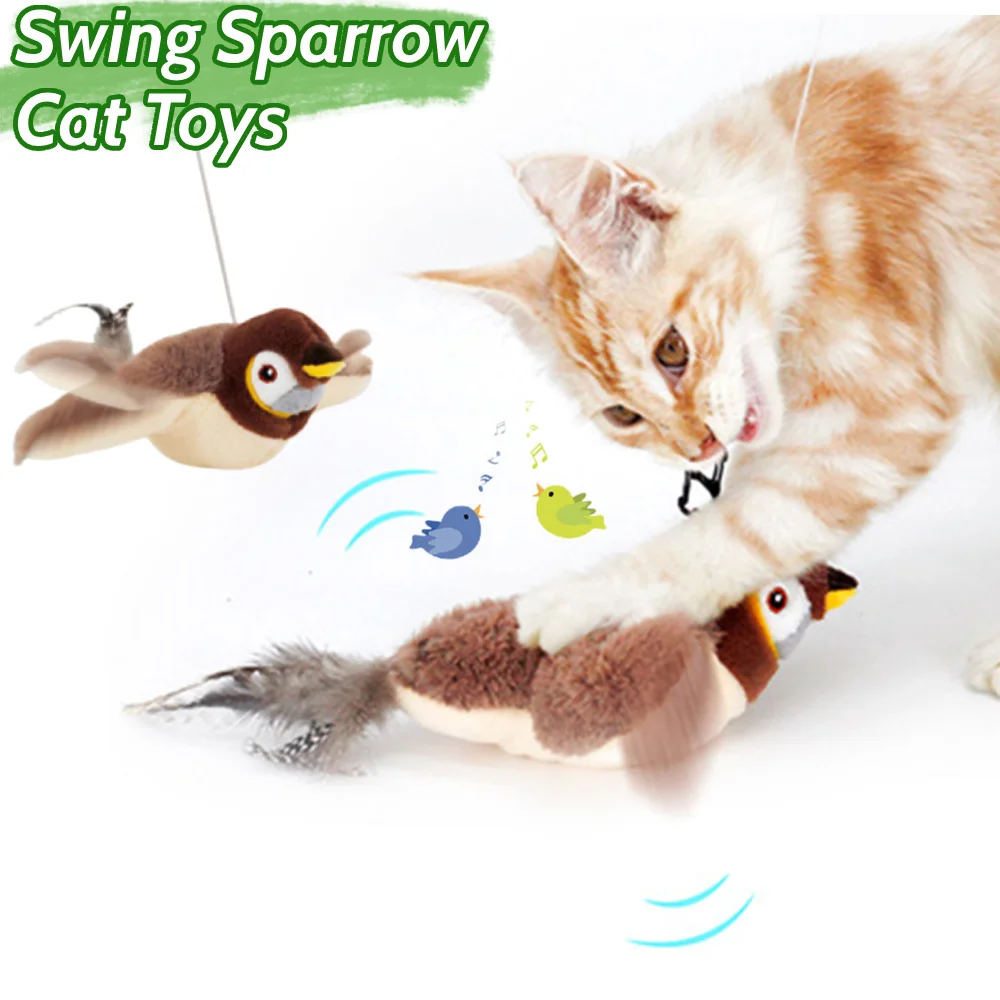 Interactive Cat Toys Flying Bird Cat Toy Flapping Wings Sparrow Catnip Toys Electric Squeaky Simulation Bird Interactive Cat Toy