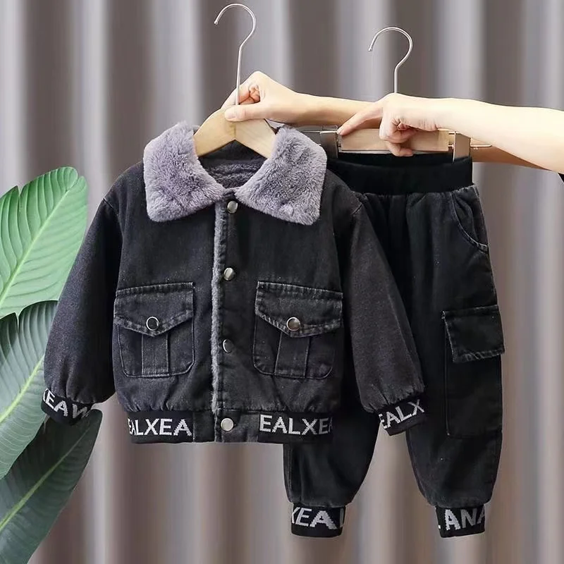 

Winter Boys Fleece Thick Warm Denim Two Piece Set Loose Fit Cowbody Jacket Jeans Suit Cargo Sets