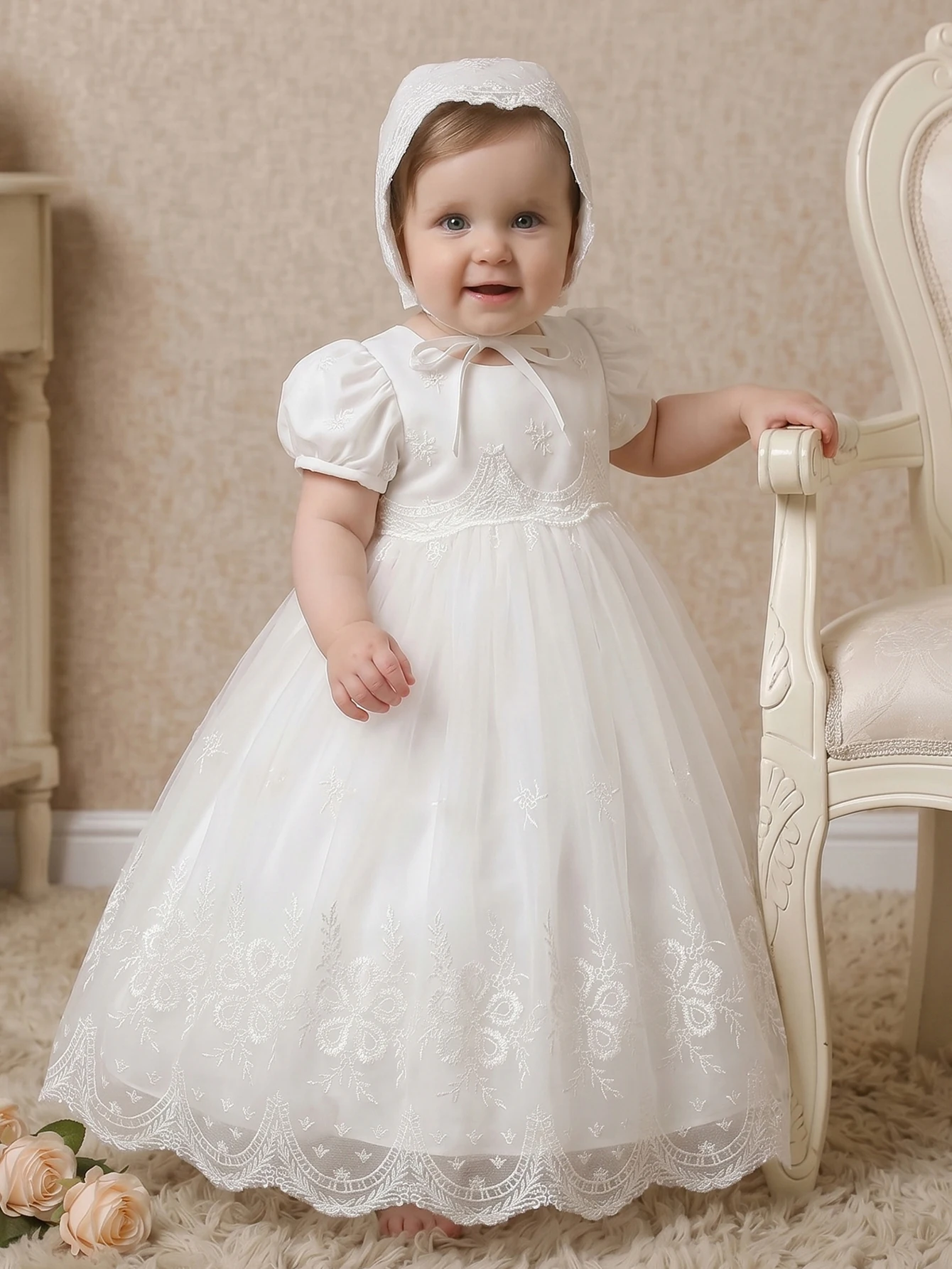 Baby Girl Birthday Dress White Long-Style Baptismal Dress with Round Neckline Short Sleeves,Featuring Lace Fluffy Netting Fabric
