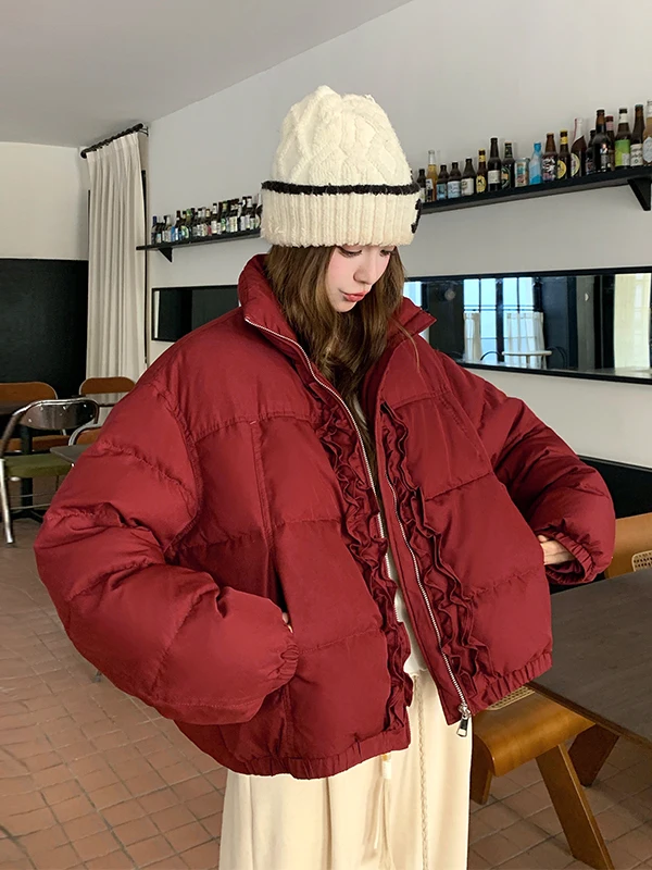 레드 플래드 또는 퍼퍼 재킷 여성용 스탠드 칼라 따뜻한 겨울 외투 2025년 신상 캐주얼 레귤러 핏 롱 슬리브