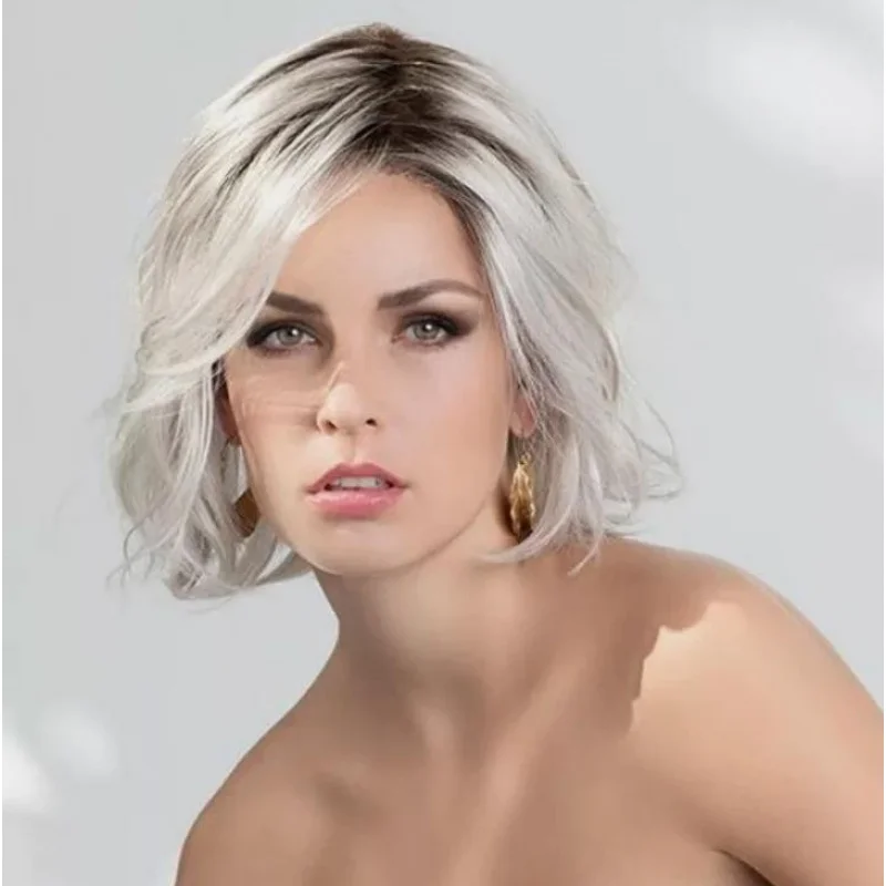 

Women Wavy Curly Silver Gray Wig Short Full Synthetic Hair Wigs Long Bangs