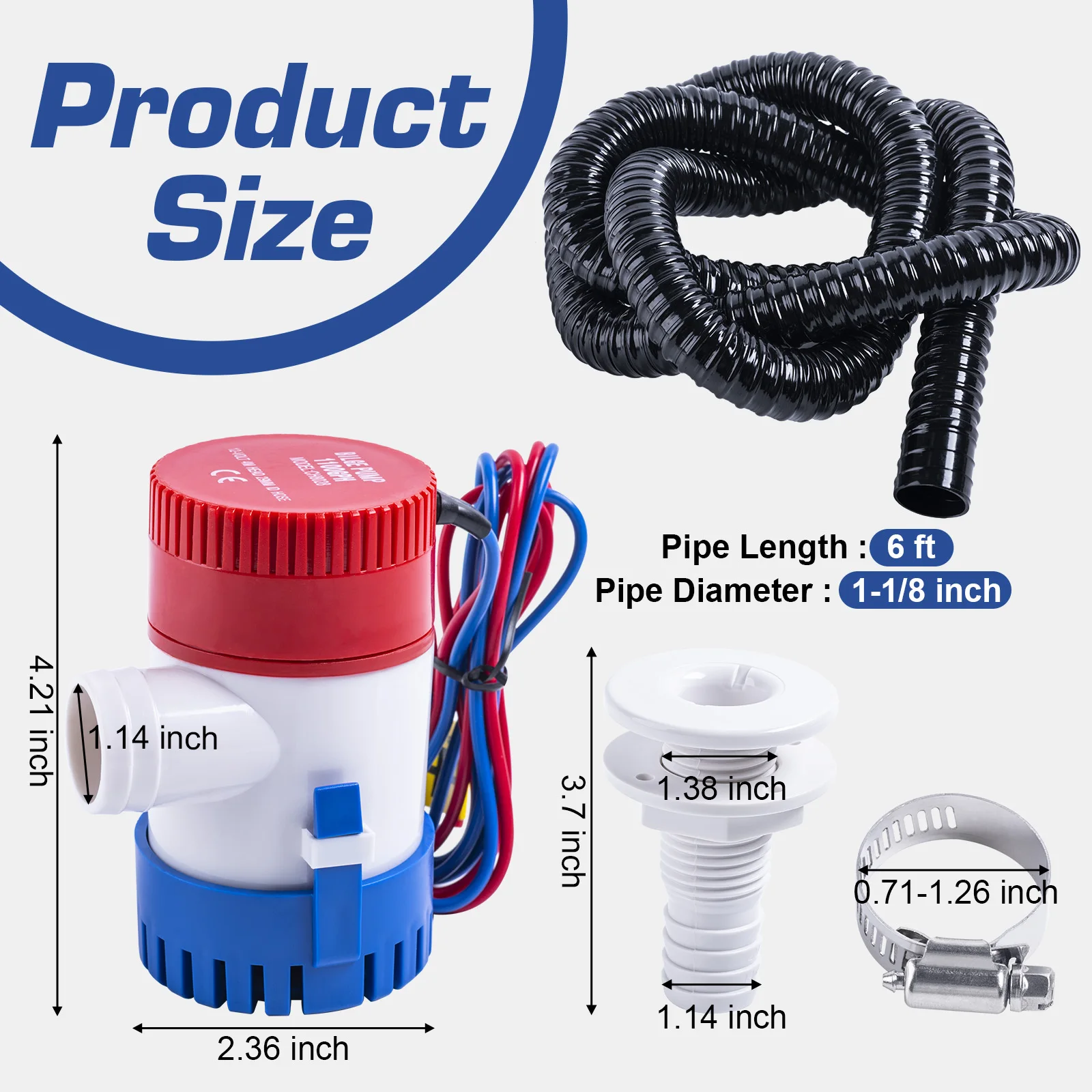 Goture 1100GPH Bilge Pump Electric 12V Boat Bilge Water Pump Low Noise 1-1/8 Inch Marine Bilge Pump Plumbing Kit with Drainage