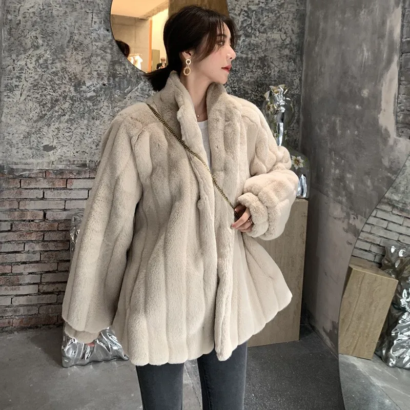 Mixed fur women's mid-length coat loose overcoat stand-up collar
