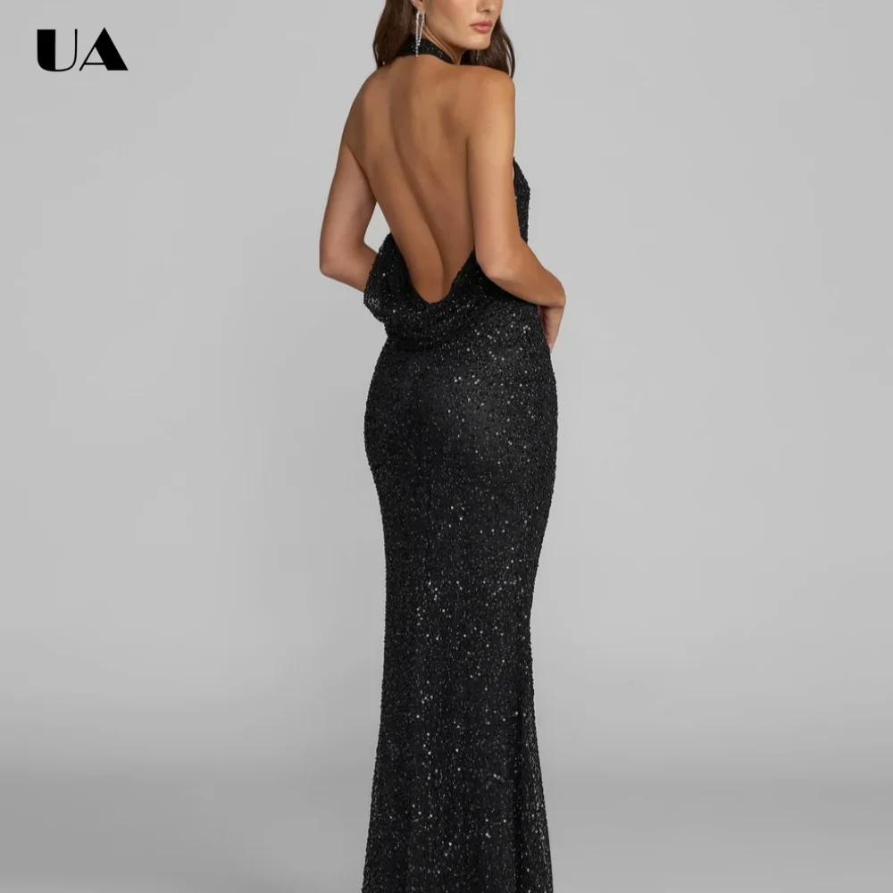 

ULBYANRY Customized Mermaid Backless Draped Prom Dress for Woman Sparkly Sequin Halter Evening Dress Sexy Sleeveless Party Dress