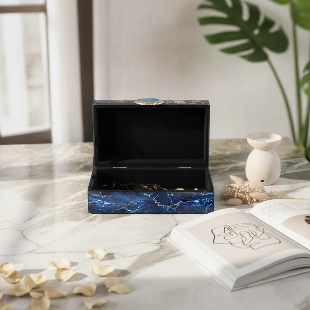 Glass Jewelry Box Marbled Jewelry Box with Hinged Lid Sturdy Practical for Women, Vanity, Dresser