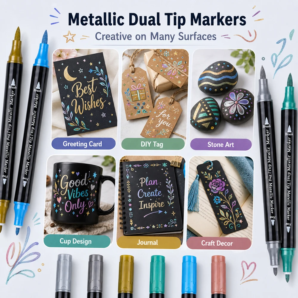 6pcs Dual-Tip Metallic Acrylic Markers 2-in-1 Fine&Brush Tip Paint Pens for Black Paper Rock Painting Ceramic Wood Glass Crafts view 2