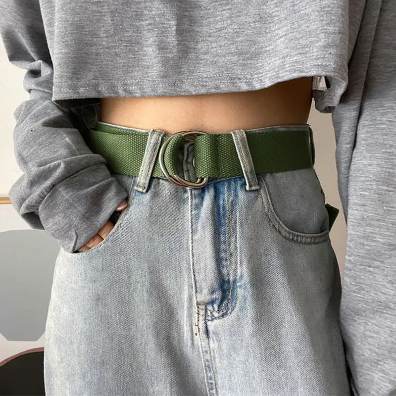 Cinturón de lona de Color sólido con hebilla de doble bucle para parejas, cinturón vaquero versátil, decoración, pretina no perforada para estudiantes