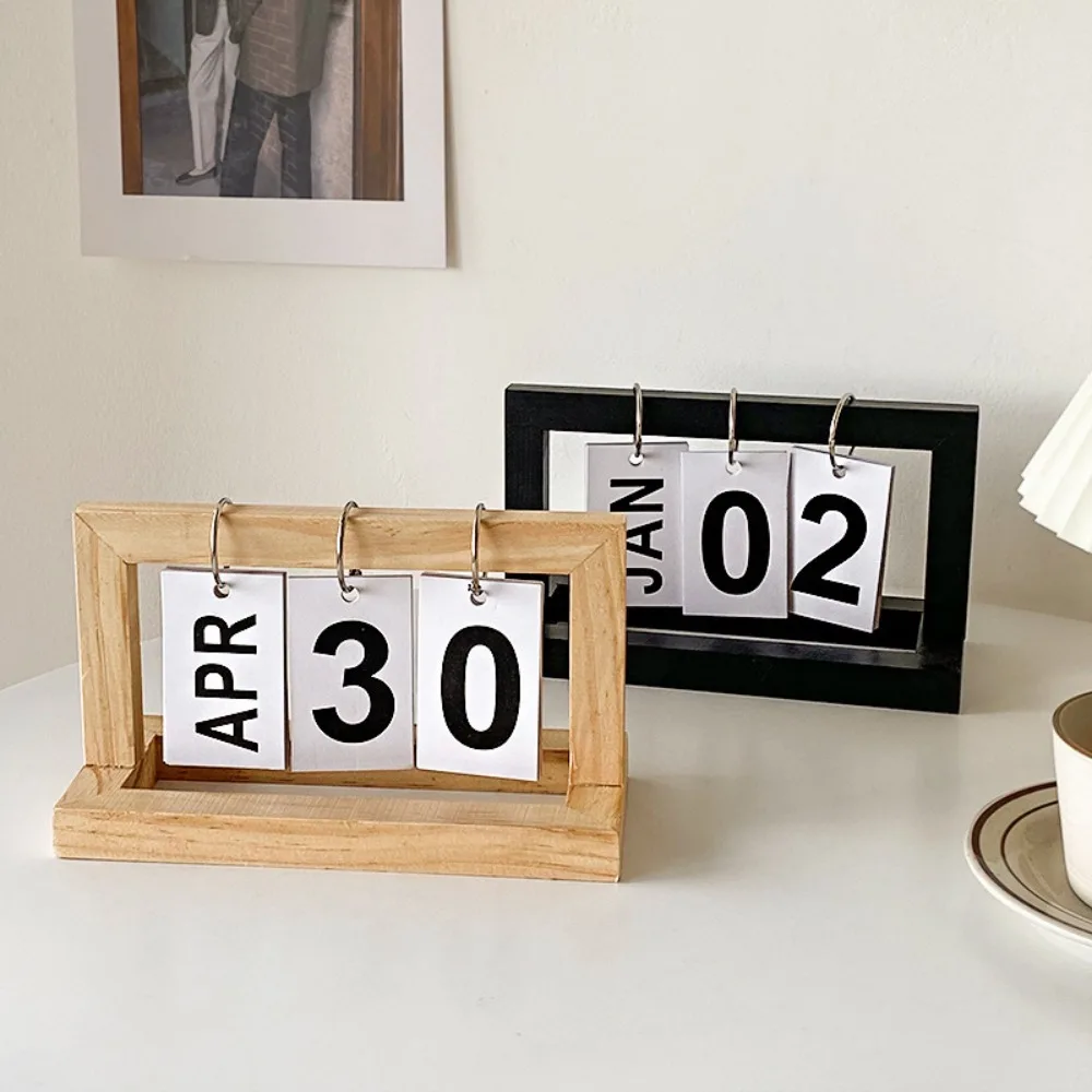 Creative Wooden Page Turning Calendar Simple Home Desktop Ornament Decor Flipping Calendar Standing Desk Calendar Office Decor