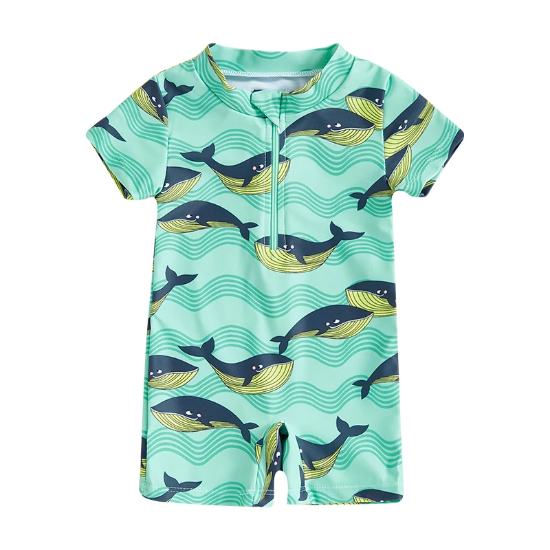 Toddler Boys Rash Guard Swimsuit Playsuits Dinosaur Whale Octopus Print Zipper Short Sleeve Sun Protection Bathing Suit