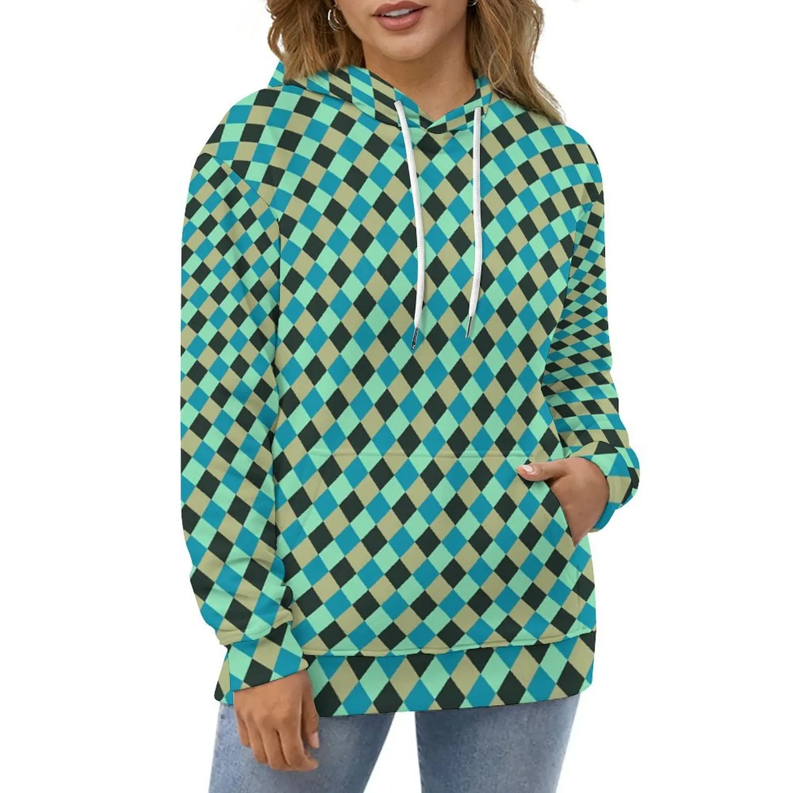 Retro Square Hoodies Green Blue Checkerboard Hip Hop Casual Pullover Hoodie Long Sleeve Aesthetic Hooded Sweatshirts Gift Idea