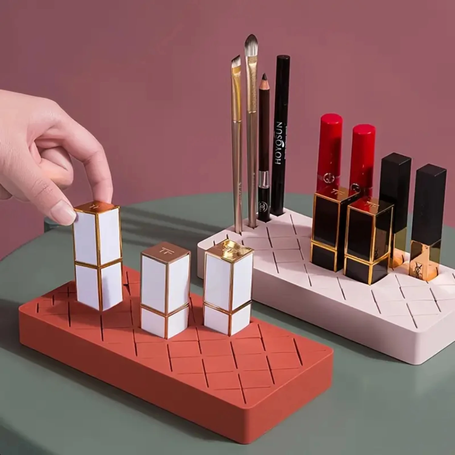 Silikon-Lippenstifthalter-Organizer – 18 + 6 Fächer, graues Etui für Make-up-Pinsel, Lippenstift und Schreibwaren