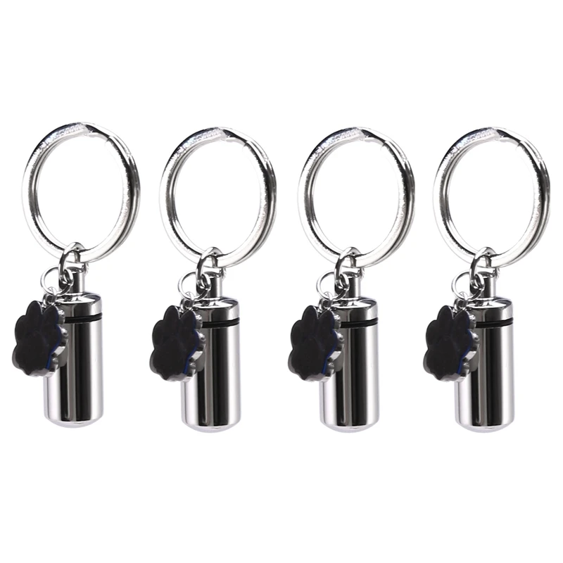 4X Stainless Steel Pet Puppy Dog Charm Cylinder Keychain For Ashes Hair Memorial With Filler Kit And Bag