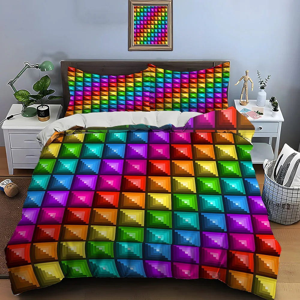 

Colorful pixel square grid Bedding Set for Kids Luxury Gift 3pcs Digital Print Comforter Set Soft Comfortable Breathable