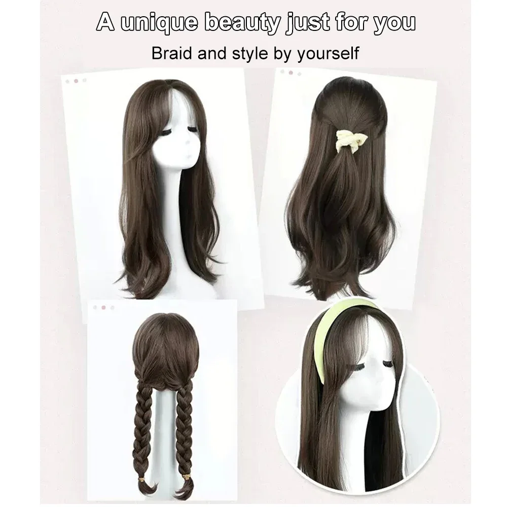 ALXNAN Natural Long Straight layered Wigs Synthetic Brown Wig for Woman Daily Cosplay Middle Part Heat Resistant Fiber
