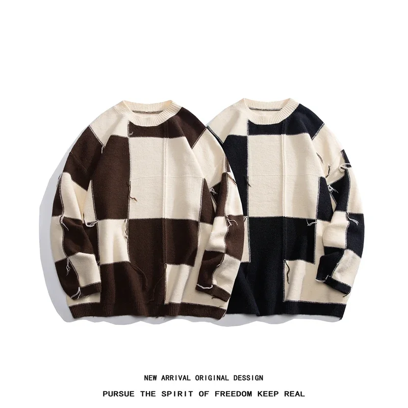 Korean Couple Checkerboard Jumper Loose Round Neck Pullover Knitted Sweater Tassel Design Street Knitwear Casual Clothing