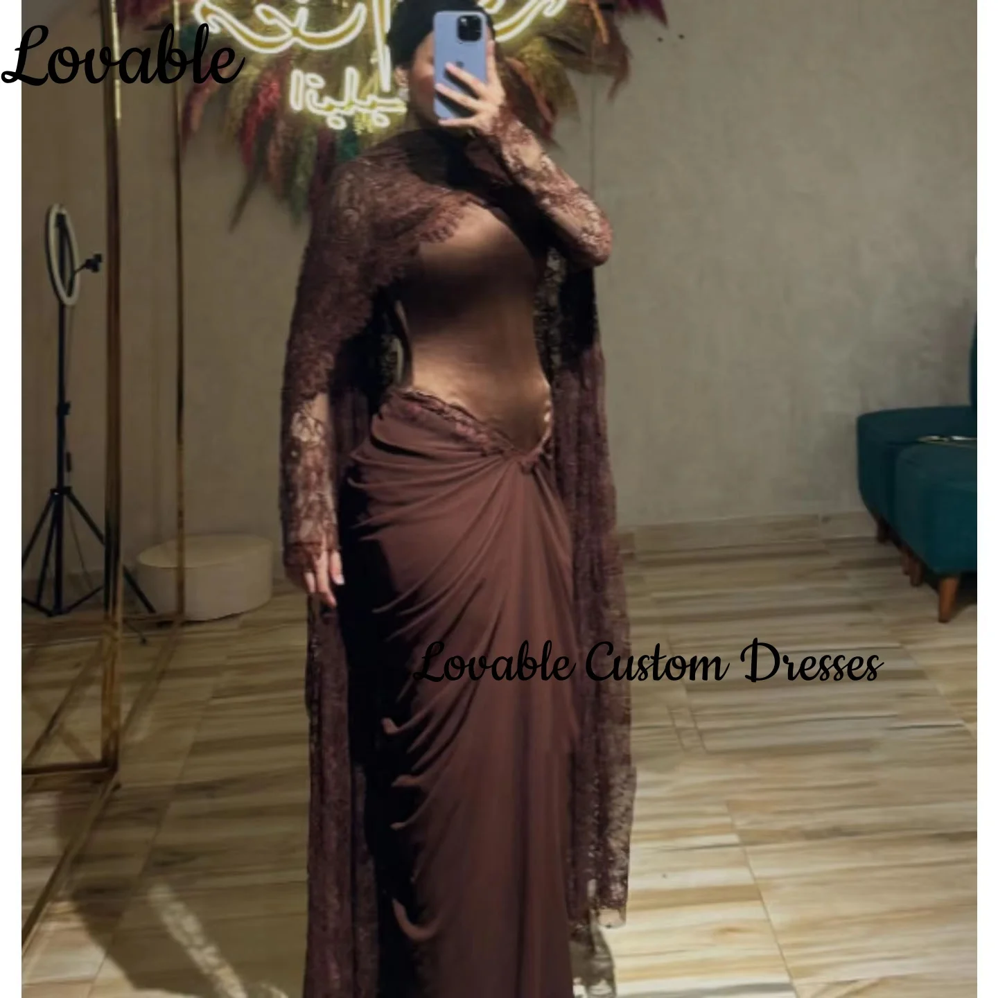 Vestido de fiesta de boda de Dubái, vestido de encaje acampanado con escote redondo personalizado, elegante vestido de lujo hasta el suelo con cremallera y mangas largas