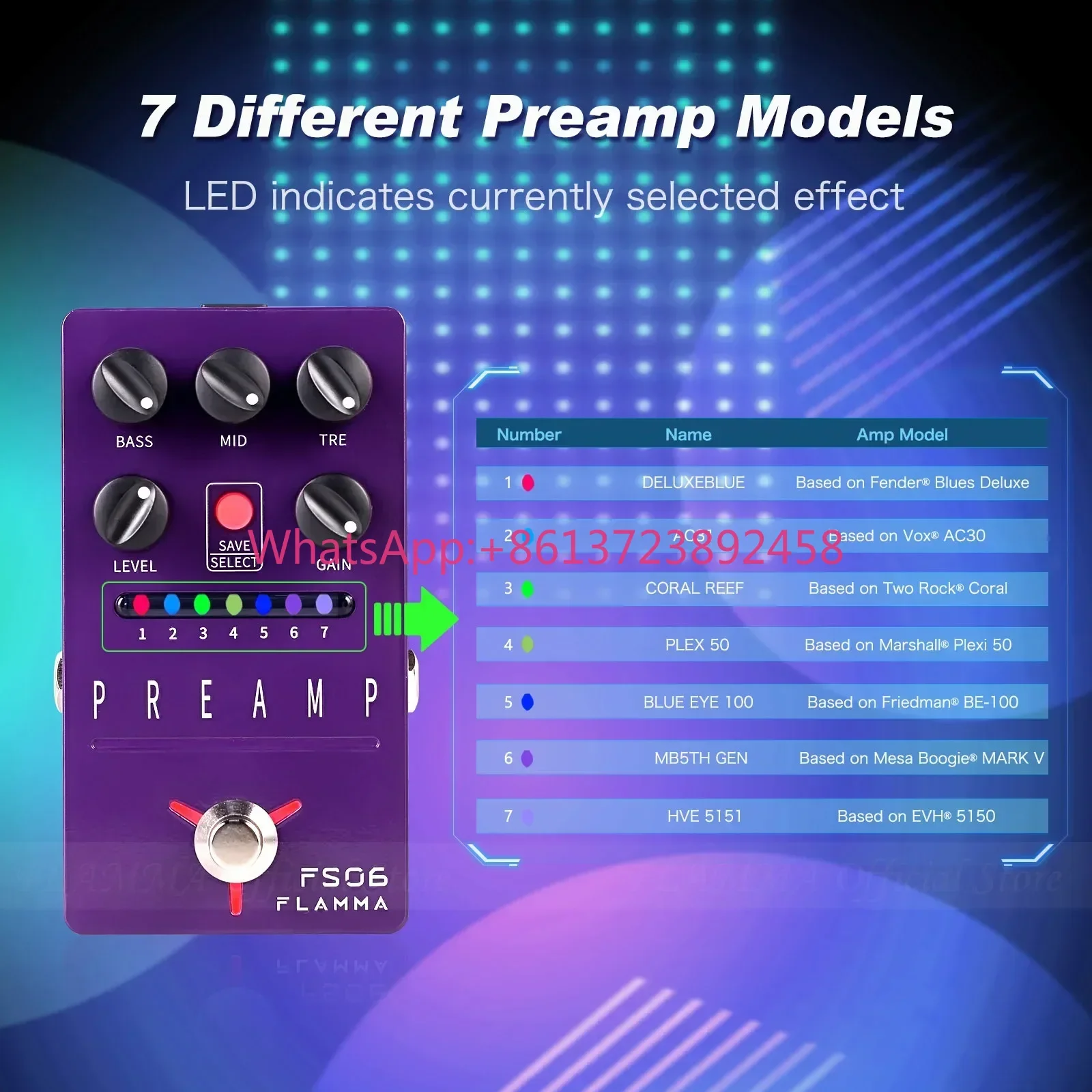 FLAMMA FS06 Digital Guitar Effects Pedal With Preamp Models Preset Save Slot Built-In Cabinet Simulation